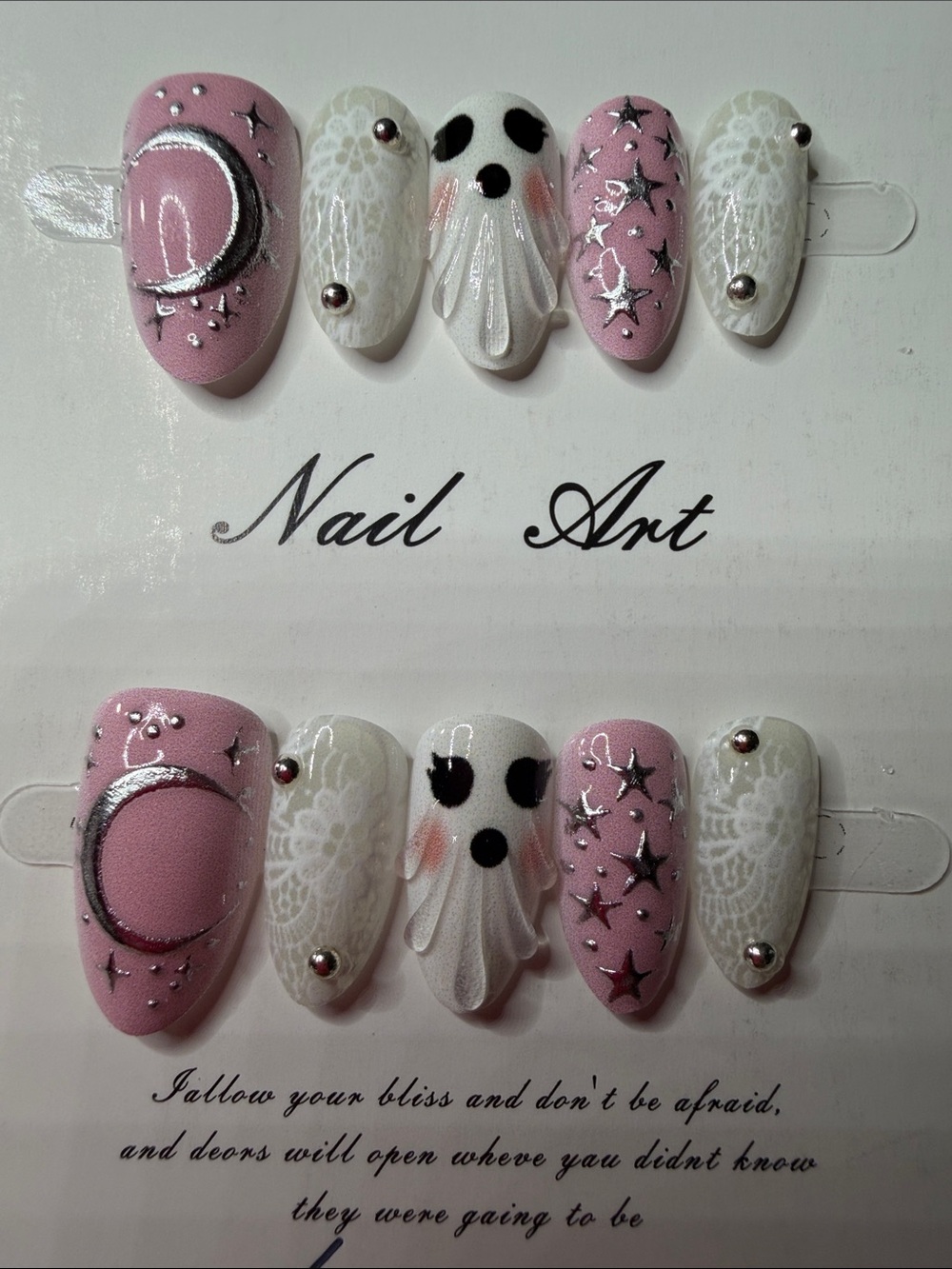 Pink & White Ghost Lace Press-On Nail Set